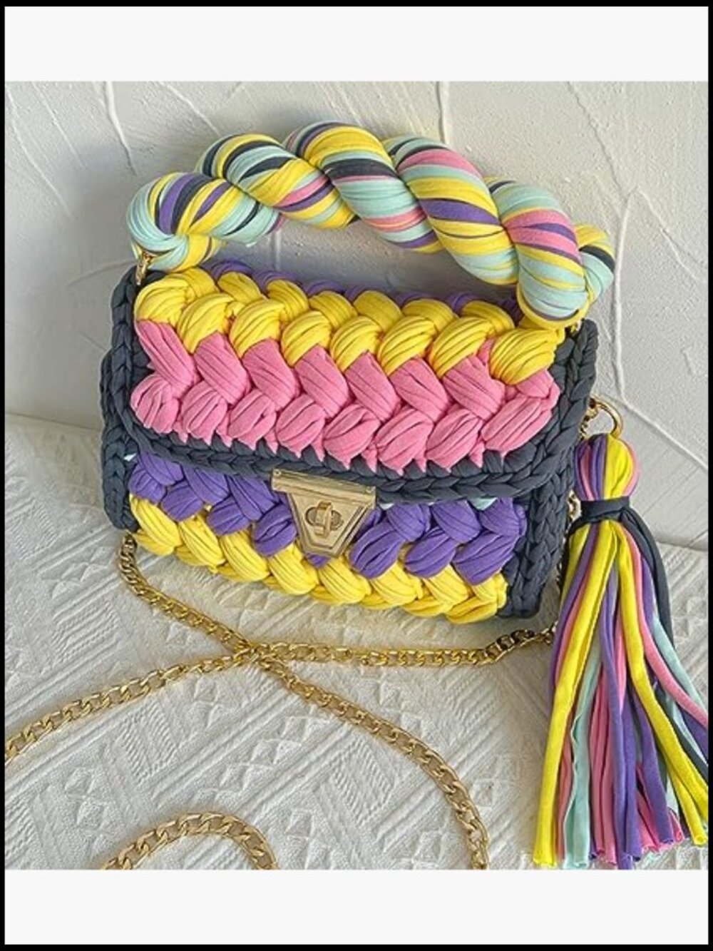 Chunky Yarn Tote Crochet Purse Crossbody Bag Handwoven Evening Flap Shoulder - Picture 7 of 7